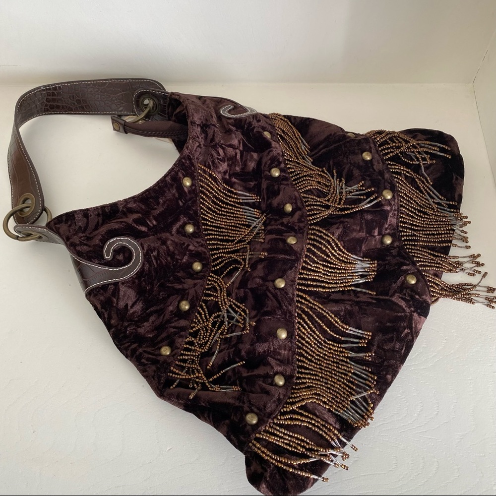 Brown slouchy boho bag with beaded fringe